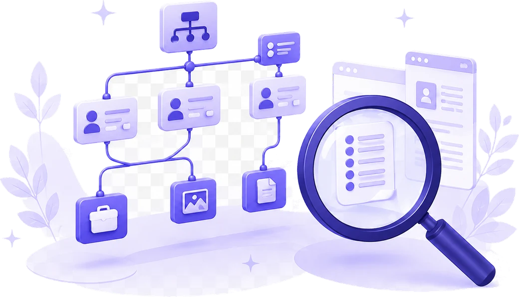 Схема разделов сайта и лупа над списком